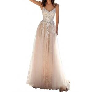 NEW CLARISSE v-neckline floral lace applique maxi party dress in ivory/blush